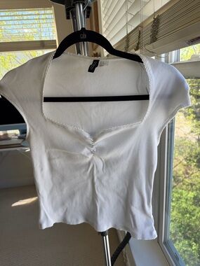 H&M White Ribbed Short-Sleeve Square Neck Crop Top